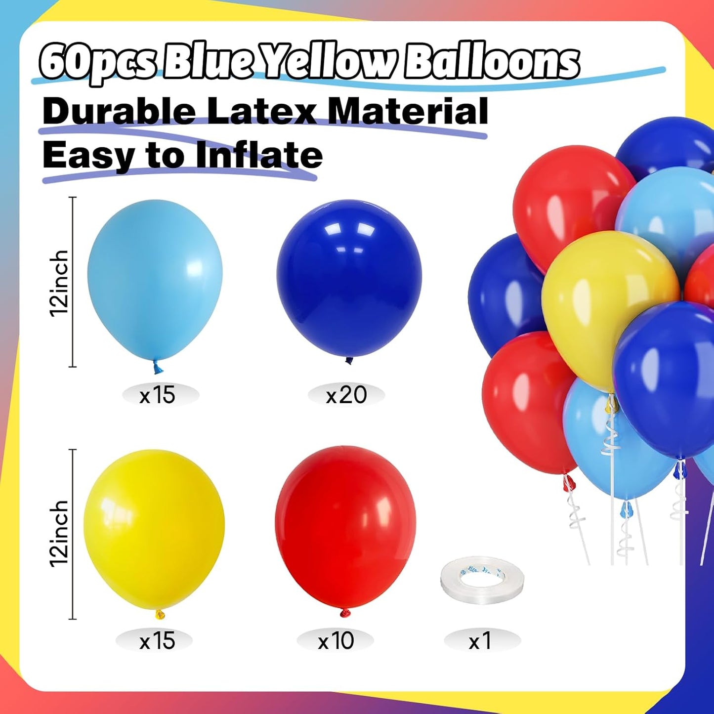 Blue Red Yellow Balloons Royal Blue Yellow Red Balloons for Puppy Party Decorations 60PCS 12INCH Helium Latex Balloon for Arch Carnival Circus Birthday Supplies