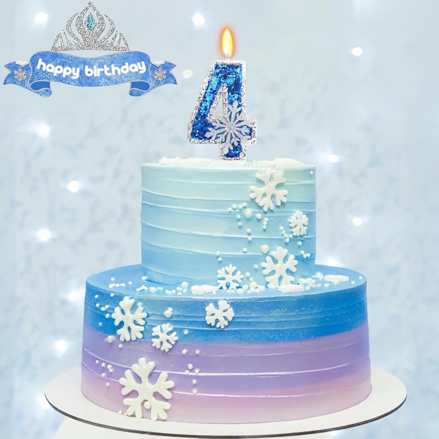 Frozen Themed Birthday Decorations, Snowflake Number 4 Candles for Kids Adults Birthday Party Supplies, 2.76 inch Glitter Cake Topper Decorations (Number 4)