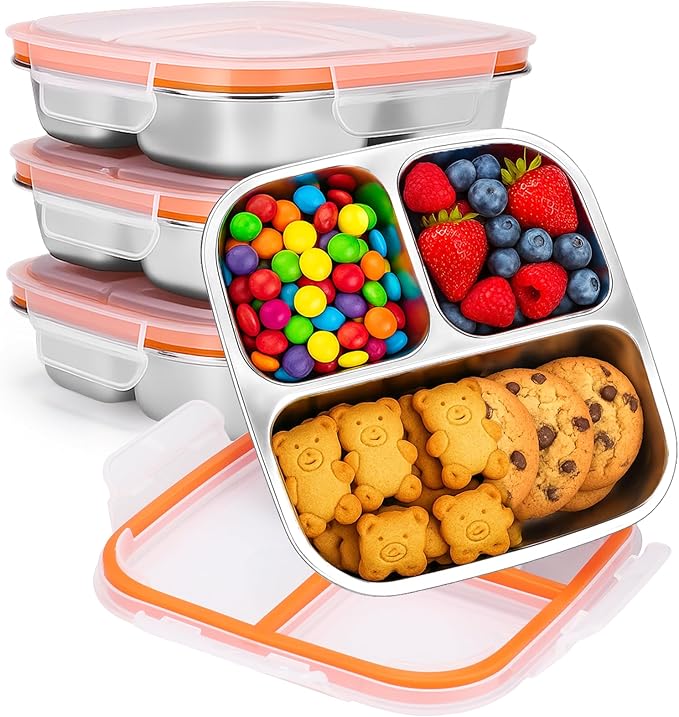 Palksky Snackle Box Container Stainless Steel, 4Pack Reusable Snack Bento Box with Lids, 3 Compartments Metal Food Storage Containers for Picnic, Travel