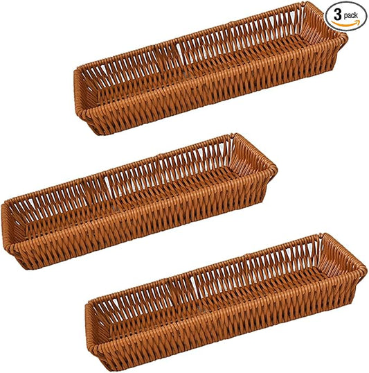 RT&BS Handwoven Utensil Basket, Artisan Mini Bread Basket, Flatware Storage Narrow Baskets for Farmhouse Kitchen, Rustic Dining Table Decor (3pcs, Rectangle)
