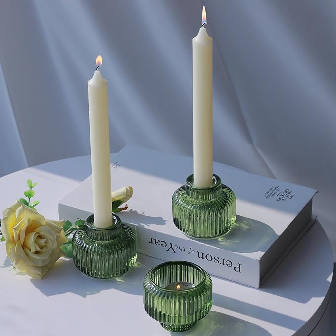 Woho Green Taper Candle Holders Set of 8 for Christmas Party Decor, Reversible Candle Sticks Holder Decor for Wedding Table Centerpiece, Vintage Ribbed Glass Candlestick Holders for Home Decor