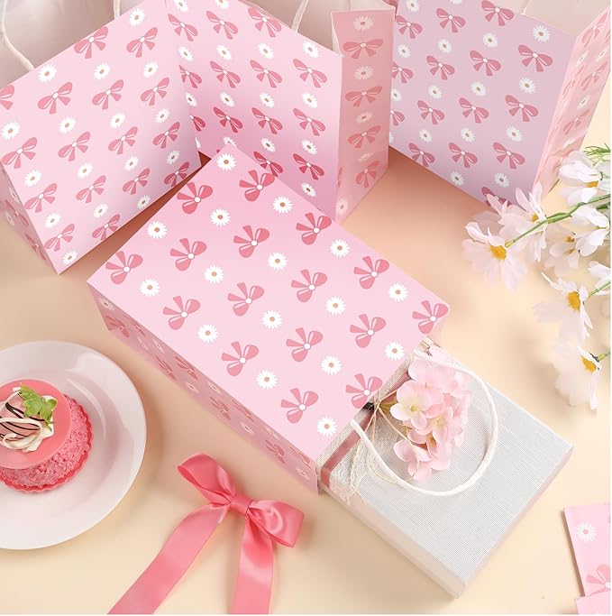 Kolldenn 16 Pcs Coquette Daisy Bow Paper Gift Bags Women Mother's Day Birthday Favor Goodie Candy Bags with Handles for Bridal Engagement Baby Shower Party Supplies