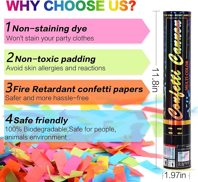 Confetti Cannon 6Pack Biodegradable Confetti Poppers Multicolor Party Confetti Shooters Party Poppers 12inch Cannon Launches 15-20ft for Birthday Wedding Graduation New Years Celebration Decorations