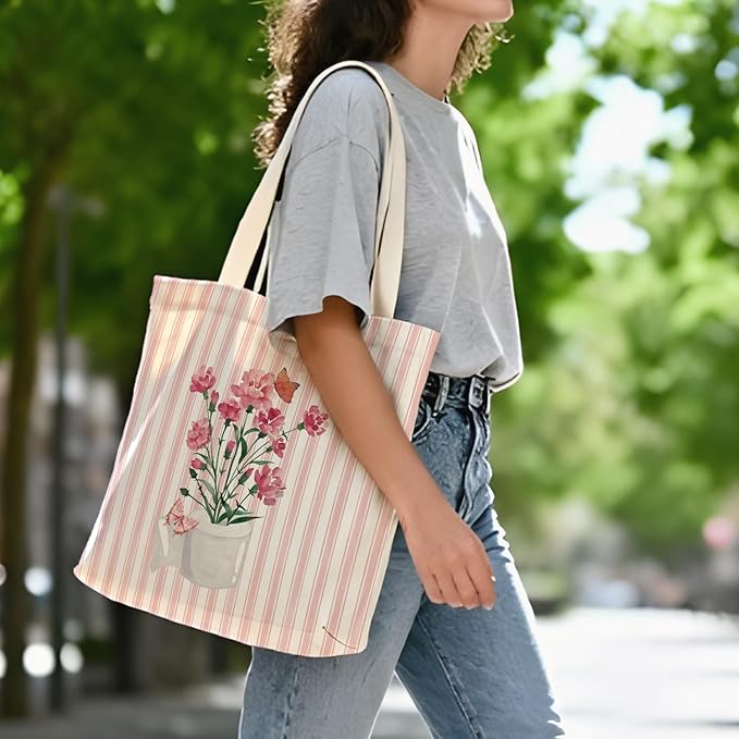 Pink Preppy Floral Aesthetic Tote Bag for Women,Printed Canvas Tote Bag for Girls,Pink Striped Watercolour Aesthetic Reusable Shopping Grocery Bags Party Favors