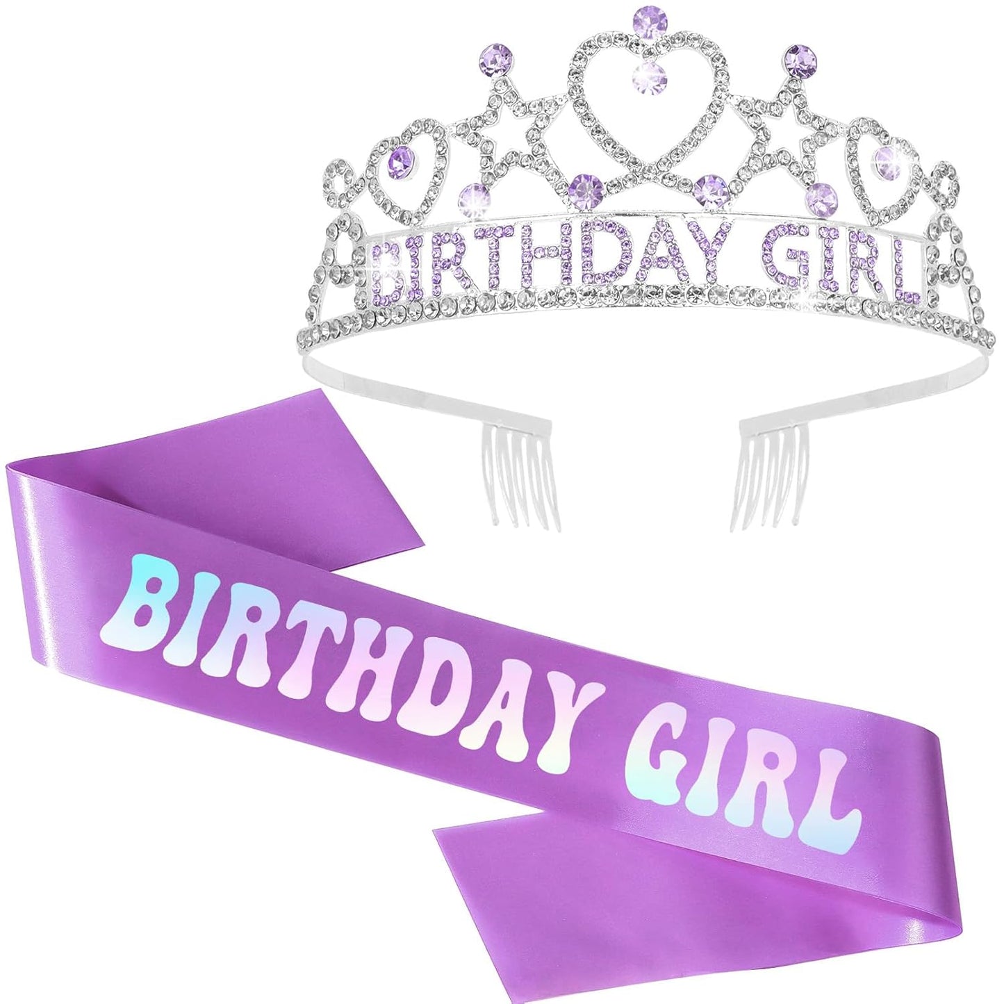Purple Birthday Girl Tiara and Sash Set - Sparkling Rhinestone Crown with Heart/Star Design & Iridescent Glitter Sash, Perfect for Girls’ Birthday Parties, Princess-Themed Celebrations, Gift for Girls and Women