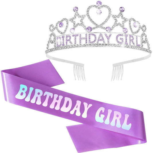 Purple Birthday Girl Tiara and Sash Set - Sparkling Rhinestone Crown with Heart/Star Design & Iridescent Glitter Sash, Perfect for Girls’ Birthday Parties, Princess-Themed Celebrations, Gift for Girls and Women