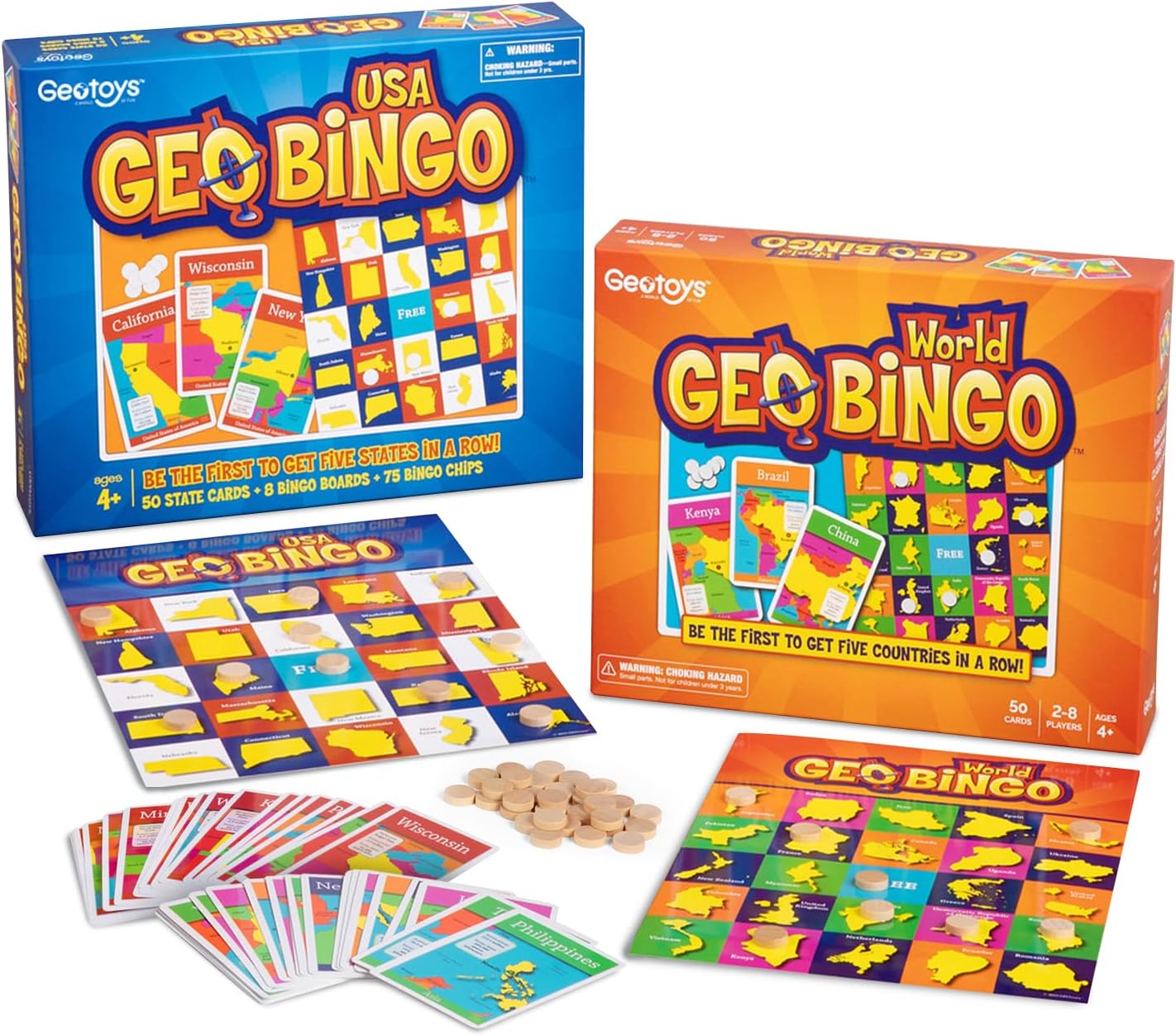 GeoToys GeoBingo Set, World & USA Bingo for Kids, Geography Game for Home & School, Bingo Games for Family, Play & Learn USA States and Capitals & World Countries - Game for Kids Ages 4 and Up