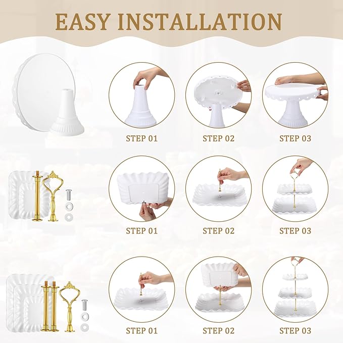 Willinglong 12 Pcs Dessert Cupcake Stand Holder, Cake Table Display Set Include 5 Cupcake Stand Tiered Tower 1 Cake Holder 6 Serving Tray Combo for Tea Party Birthday Baby Shower Wedding(White,Gold)