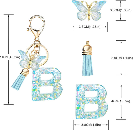 Fashion Alphabet Initial Letter Keychain Tassel Butterfly Pendant Key Ring for Purse Handbags Women Girl