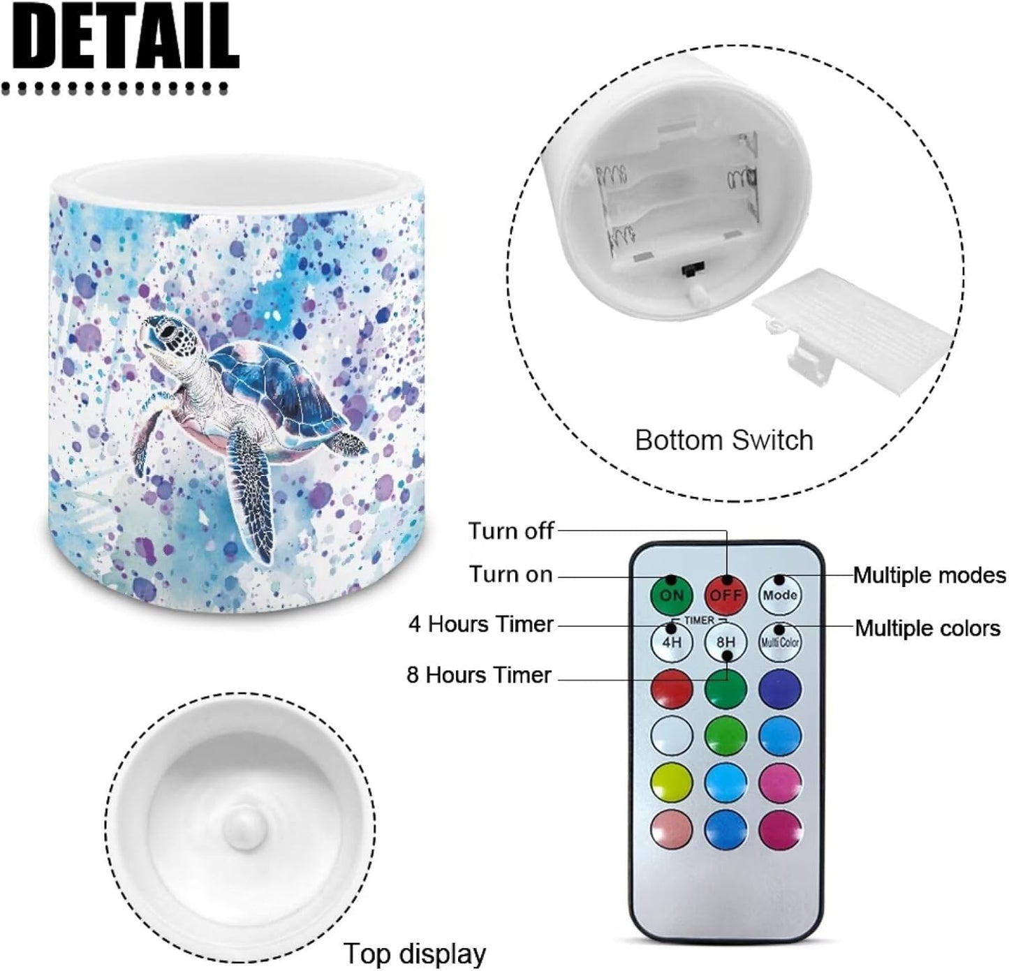 Poceacles Battery Operated LED Candles Set of 4 Remote and Timer Flameless Votive Candles, Multi-Color Flickering Tea Light for Home Parties Holidays Decor, Watercolor Sea Turtle Violet Blue
