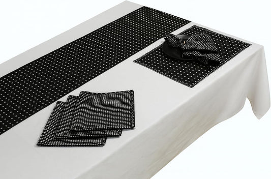 Indtresor Indian Heritage Fabric Cotton Table Linen Reversible Set Runner Napkins Mats in Black