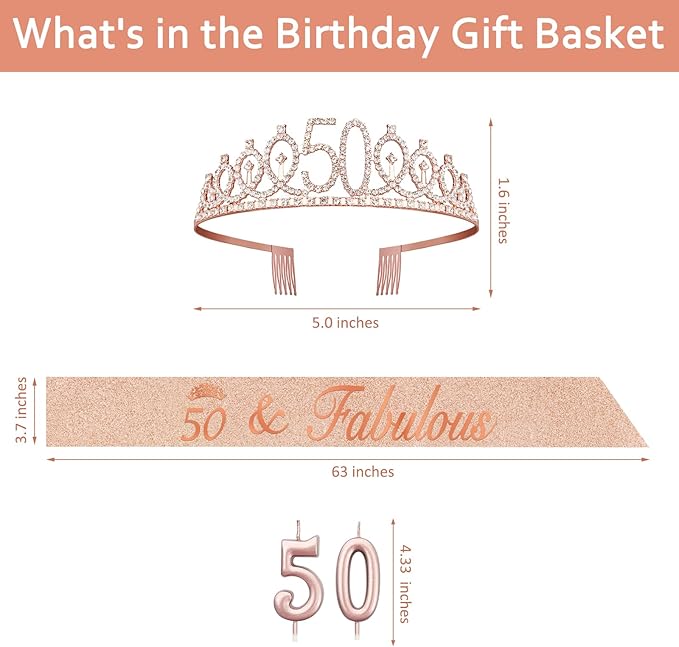 50th Birthday Decoration for Women with Rose Gold Sash, Tiara,Numbers Candles, Sincere 50th Birthday Gifts for Women
