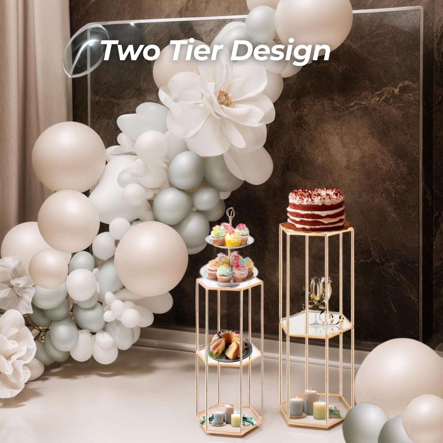 3PCS 2 Tier Hexagon Gold Cake Stand for Party, Tall Metal Pedestal Stands for Display Decoration, Flower, Plant, Birthday, Wedding, Baby Shower, Bridal Shower, Cylinder Column for Desserts
