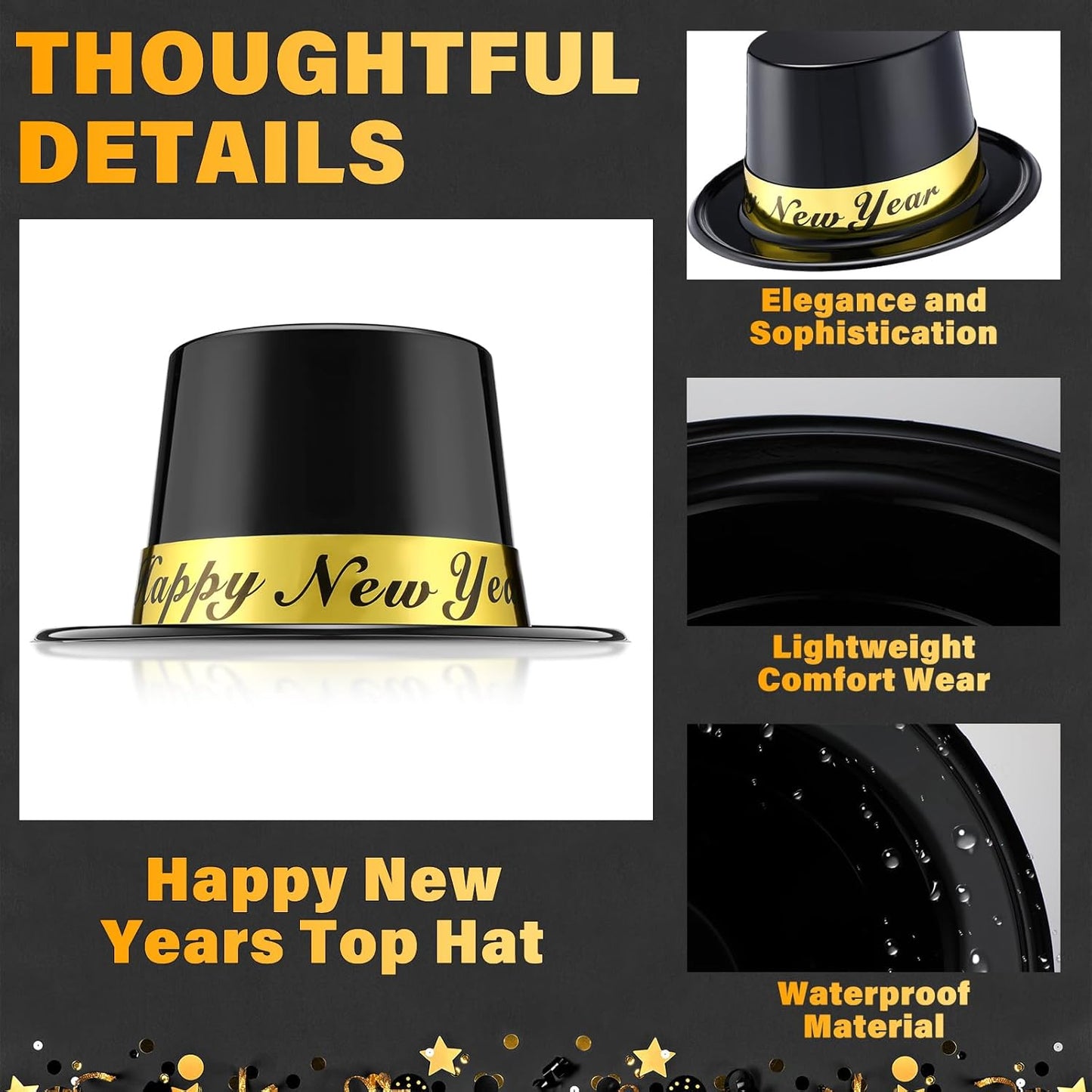 Geyoga 4 Pcs Happy New Years Top Hat 2026 Eve Party black Plastic Celebration Hats for New Years Eve Party Supplies Accessory Costume wear