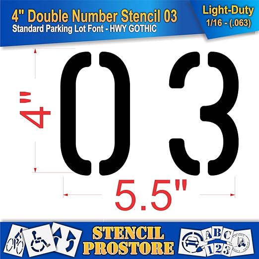 Pavement, Curb, and WheelStop Stencils - 4 inch Double Number Stencil - (03) - 4" x 5.5" x 1/16" (63 mil) - Light-Duty