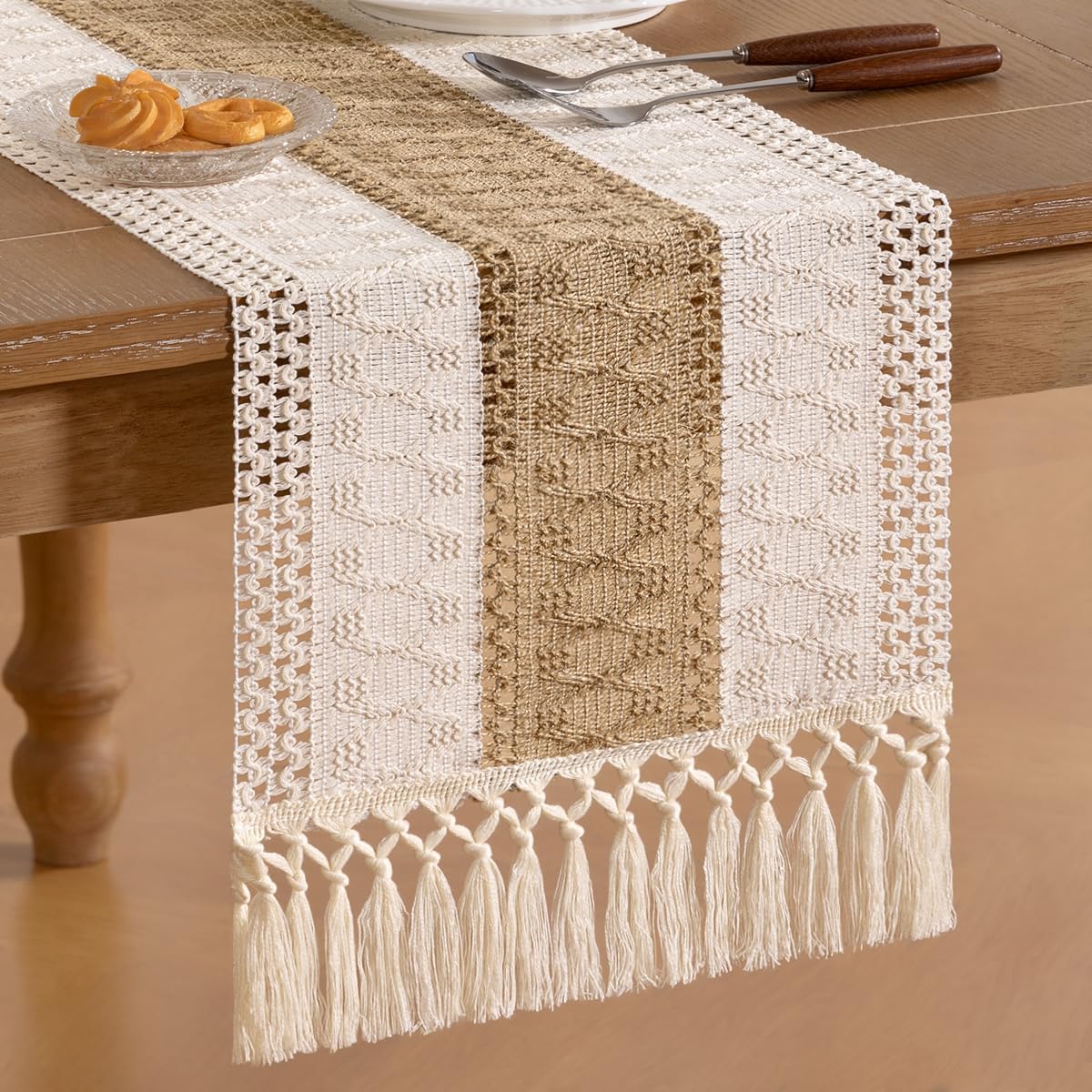 Socomi Boho Table Runner Fall Thanksgiving Farmhouse Rustic Dining Kitchen Centerpiece Decor Small Macrame Woven Cotton Linen Coffee Table Runner for Dresser Scarf Home Decor 12x48 inch
