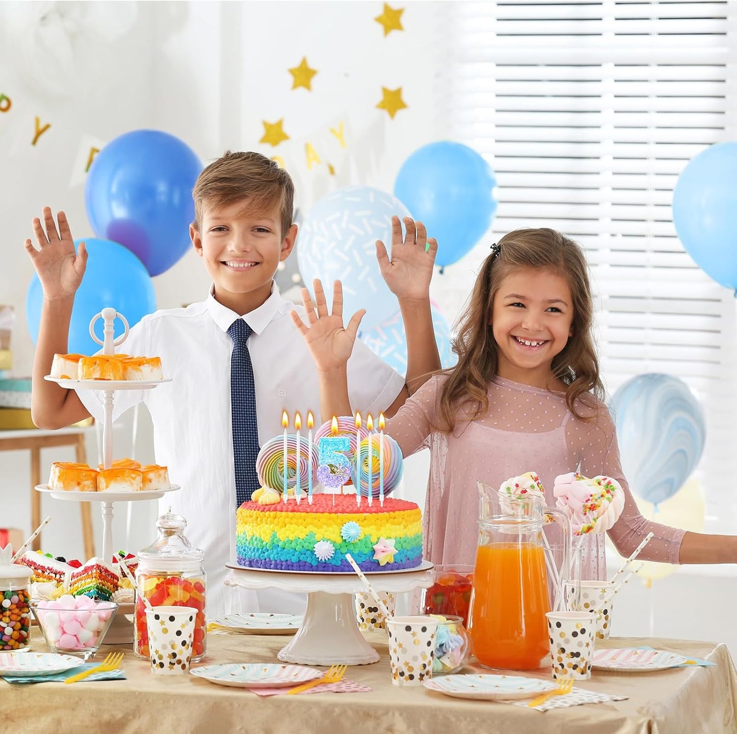 MTLEE Number 5 Birthday Candle Blue Snowflake with 6 Long Thin Cupcake Candles Blue Sparklers Glitter Number Happy Birthday Cake Topper Decorations for Winter Party Supplies