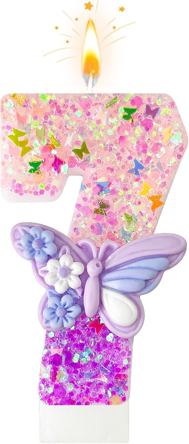 HXOUSE Butterfly Number 7 Birthday Candles - Pink & Purple Butterfly Birthday Candles for Cake, 7 Candle Topper for Anniversary Celebrations Supplies, Fairy Party Decorations for Girl (Number 7)