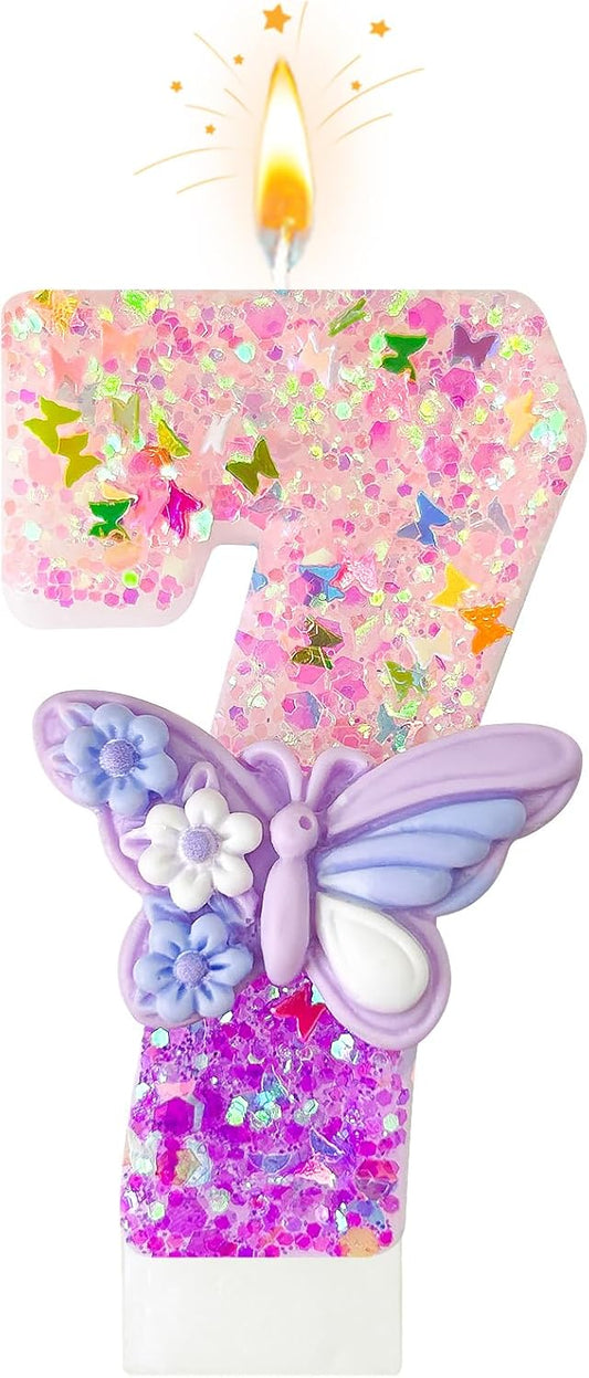 HXOUSE Butterfly Number 7 Birthday Candles - Pink & Purple Butterfly Birthday Candles for Cake, 7 Candle Topper for Anniversary Celebrations Supplies, Fairy Party Decorations for Girl (Number 7)