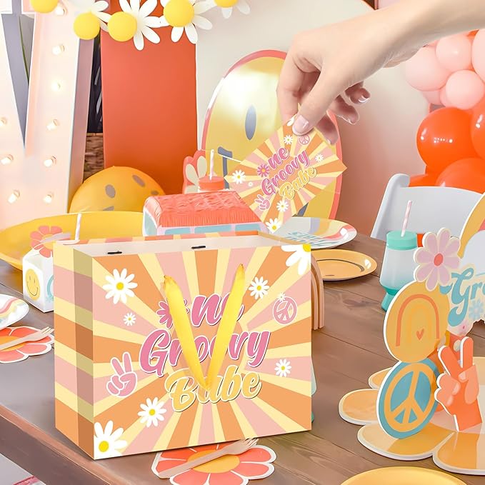 Groovy One Boho 1st Birthday Gift Bag for Girls with Card Tissue Paper, Daisy Flower Hippie First Birthday Wrapping Paper for Retro Baby Shower Party Gift Wrap Christmas Decorations Supplies