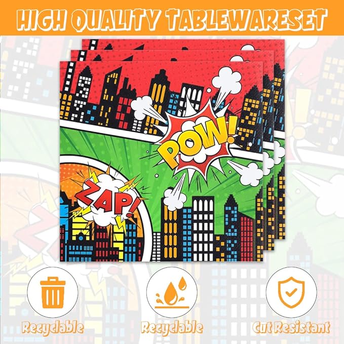 40pcs Super Theme Hero Party Decorations Hero Action Sign Plates Napkins for Comic Heroes Birthday Decorations Hero's Action Sign Cityscape Buildings Tableware Set,Suitable for 20 Guests