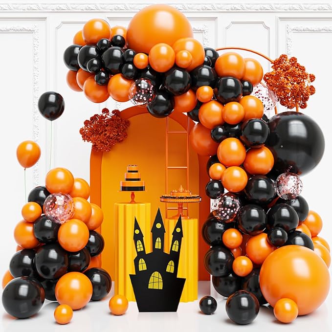 Orange and Black Balloons Arch Kit,130 pcs Black Latex Balloons,Different Sizes Orange Balloons for Halloween Party,Graduation Decorations
