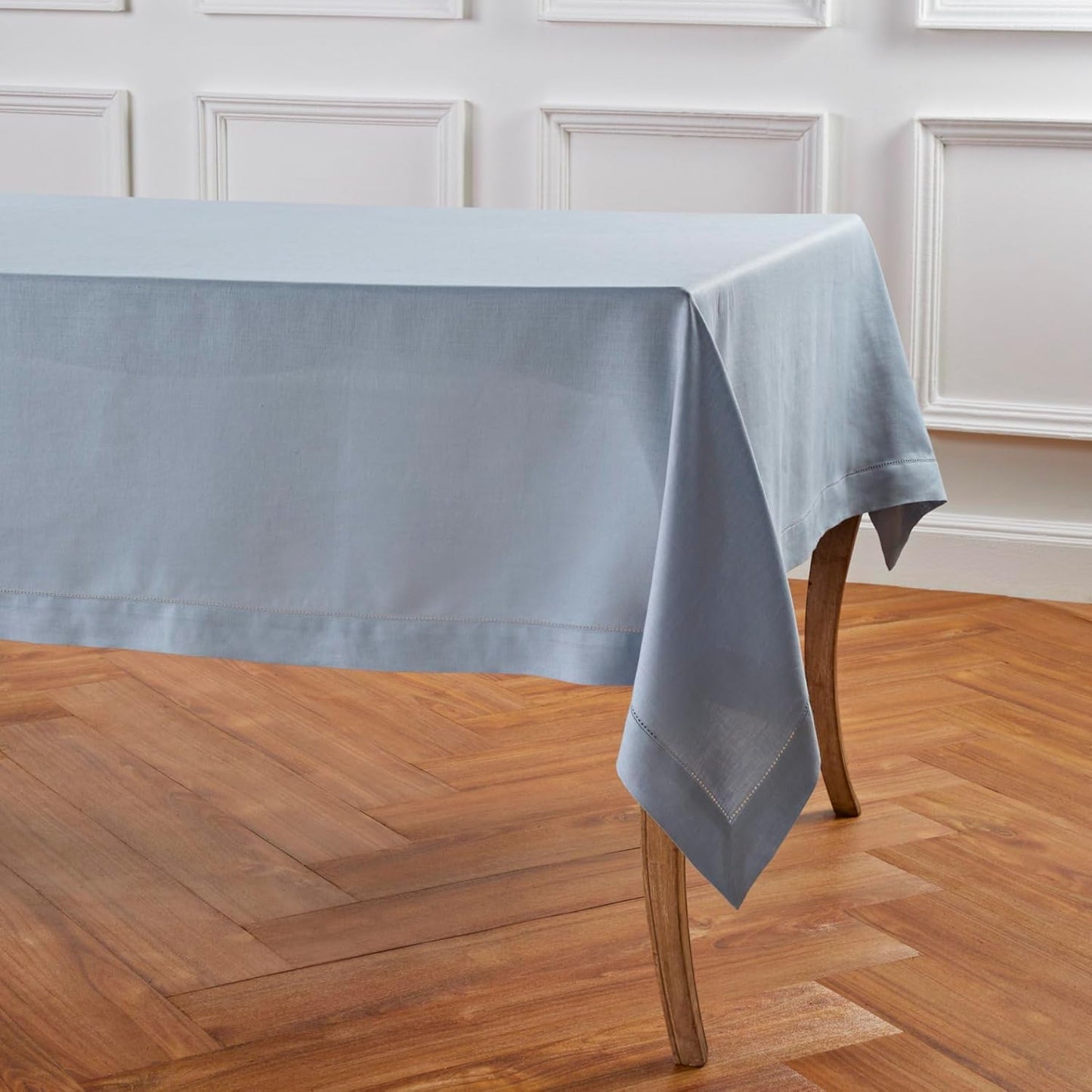 Solino Home Dusty Blue Linen Tablecloth 60 x 90 Inch - 100% Pure Linen Hemstitch Table Cloth for Rectangle Tables - Classic Hemstitch, Machine Washable Tablecloth for Fall, Autumn, Thanksgiving