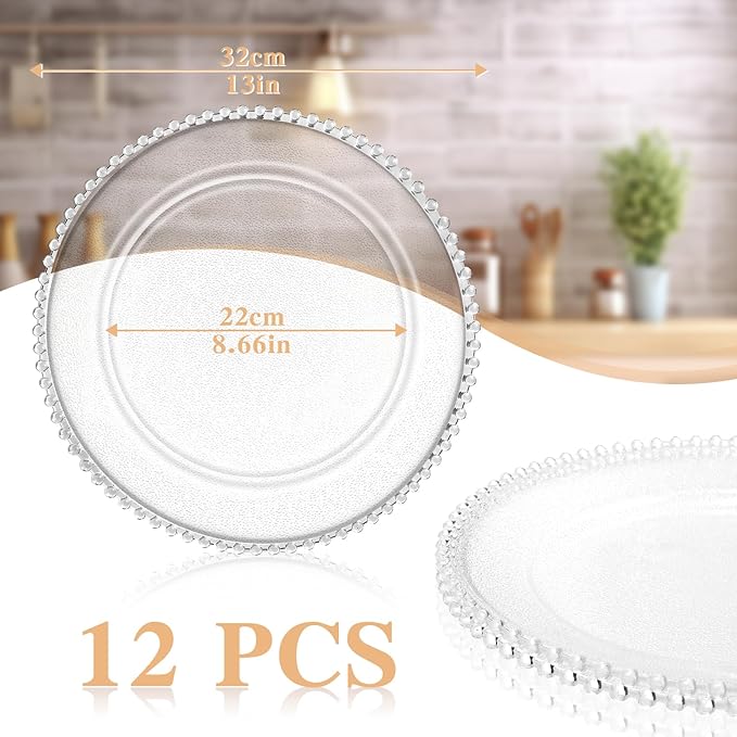 Hoolerry 12 Pack Clear Charger Plates Bulk 13 Inch Plastic Round Beaded Dinner Chargers Acrylic Frosted Grain Decorative Service Plates for Wedding Party Event, Home and Kitchen Tabletop (Transparent)