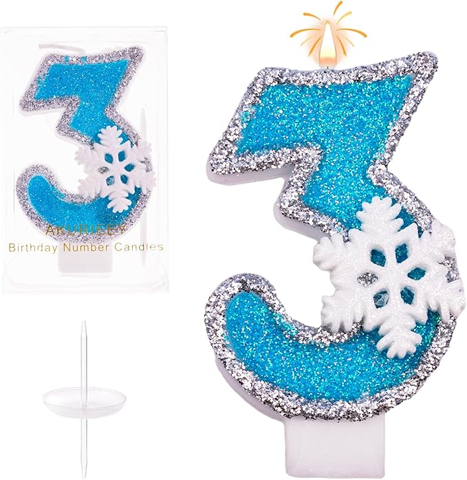 Blue Snowflake Birthday Candles Frozen Themed Number 3 Candles for Cake Topper Cupcake Decorations Party Decor Anniversary Celebrations Supplies