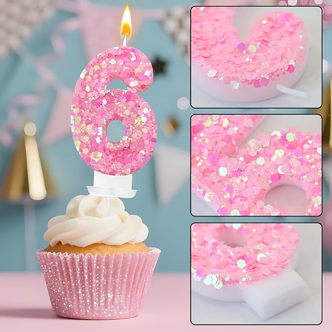 Zailo Birthday Number Candles, Glitter Number Candle Cake Decorations with Sequins, Cupcake Decorations for Girls, Women, Party Anniversary Celebrations (Number 6, Light Pink)