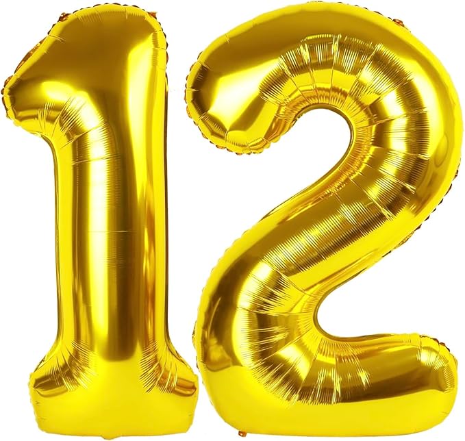 Gold Number 12 Balloon 40 inch, 12 Number Balloons, 12th Gold Birthday Decorations, 12 Year Old Girls Boys Golden Party Supplies
