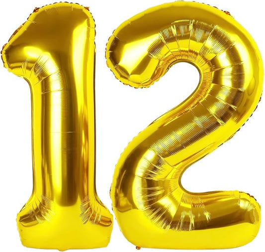 Gold Number 12 Balloon 40 inch, 12 Number Balloons, 12th Gold Birthday Decorations, 12 Year Old Girls Boys Golden Party Supplies