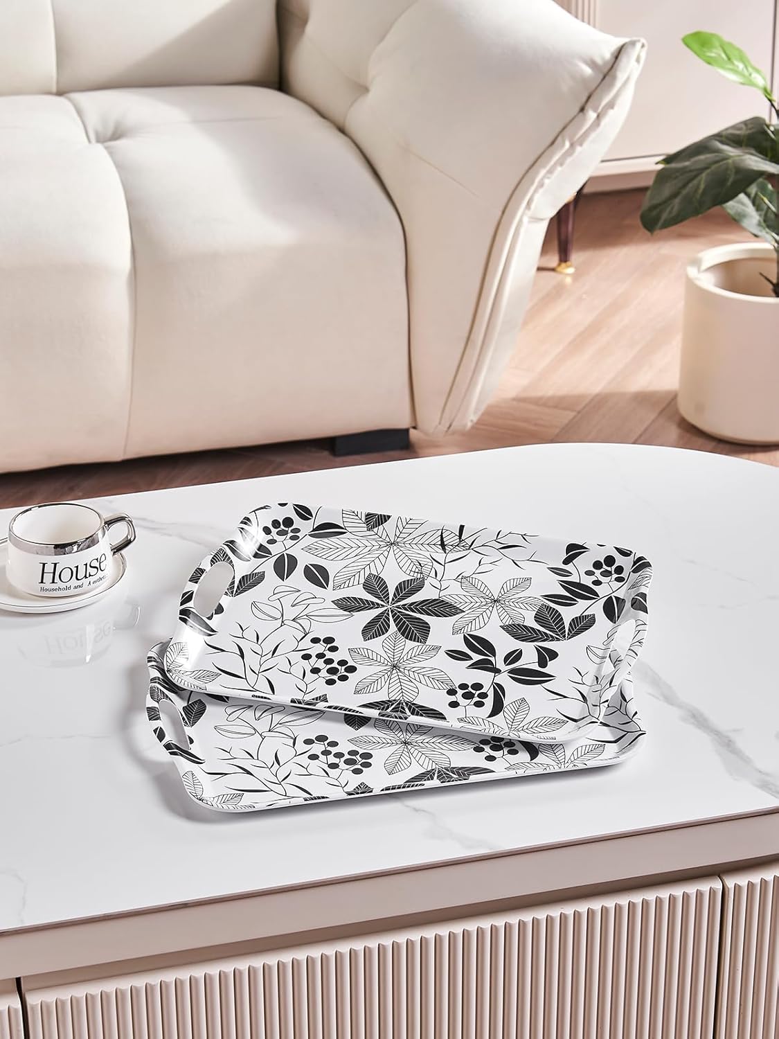 Blue Boat 16.5" x 11.5" Rectangular Melamine Serving Tray Set of 2 Black Leaves, Light Weight Easy to Clean Sturdy Stackable Serving Tray with Handle, Fruit, Snacks, and Desserts Trays, TV Trays