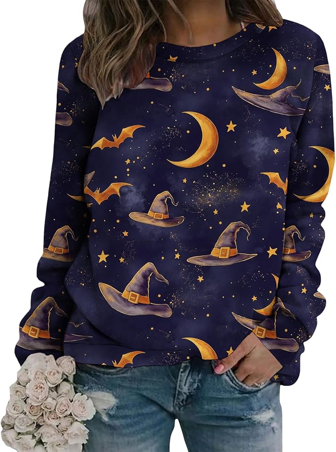 LIZALIG Pullover Cute Sweatshirt Orange Skeleton Fall Festive FunWomens Design Bat Holiday Party Outings Pumpkin Print