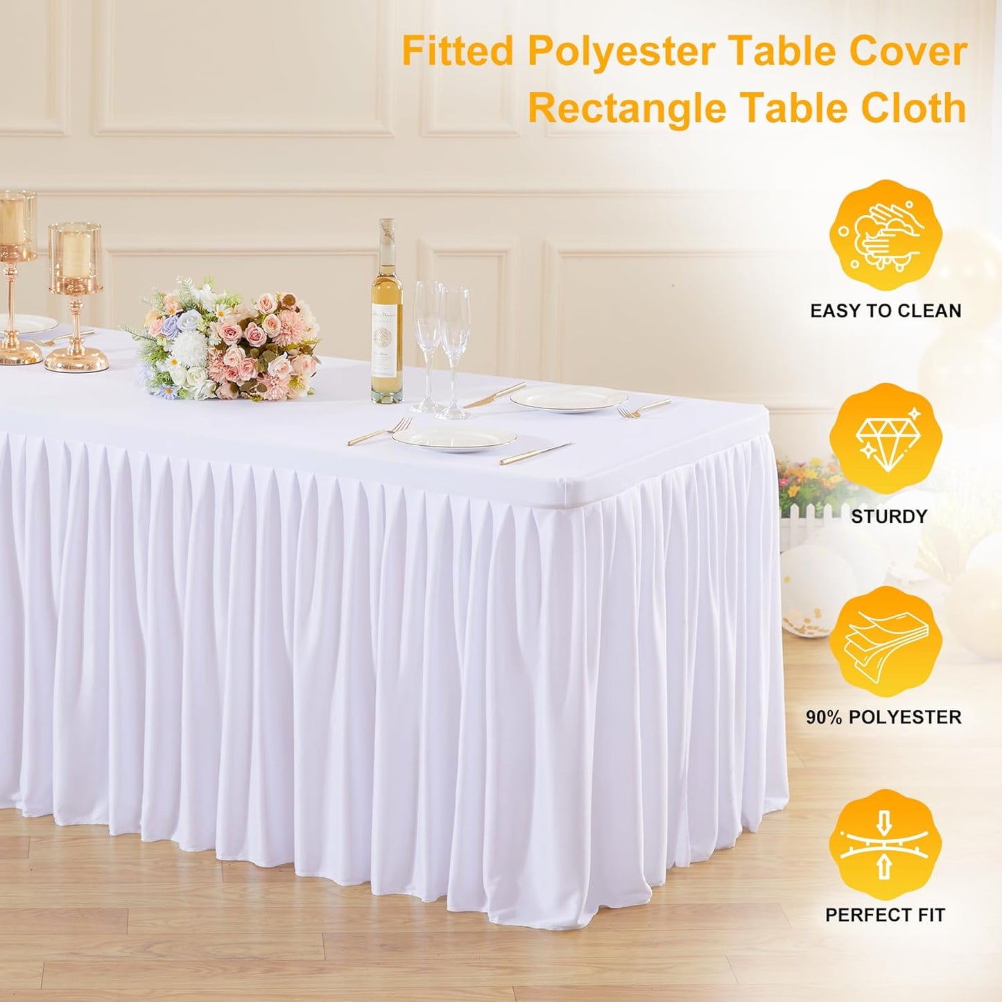 White Polyester Table Clothes for 8 Foot Rectangle Tables, Wrinkle Free Fitted Table Cover with Pleated Ruffle Table Skirt for Birthday Party Wedding Trade Show Event Display