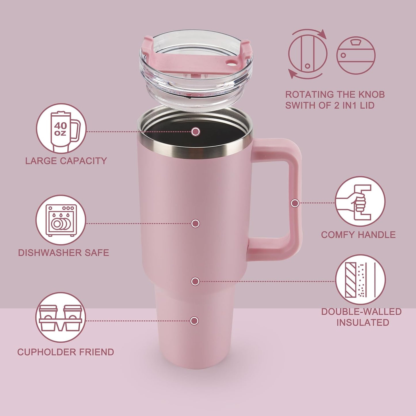40 oz Tumbler with Handle and Straw Spill Proof Large Travel Coffee Mug Insulated Reusable Stainless Steel Cup with Lid Fit for Car Cup Holder(Light Pink)