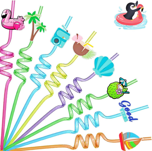 24Pcs Summer Beach Pool Party Favor Drinking Straws, Pool Party Decorations Supplies, Pool Party Favors for Kids Birthday, Crazy Silly Straws for Beach Theme Party Decorations