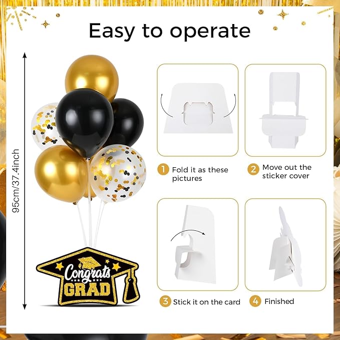 6 Sets Black Gold Graduation Balloon Stand Kit for Table Decorations Class of 2025 Congrats Grad Table Centerpiece Grad Prom Themed Decoration for Grad School & College Ceremonies Party Supplies