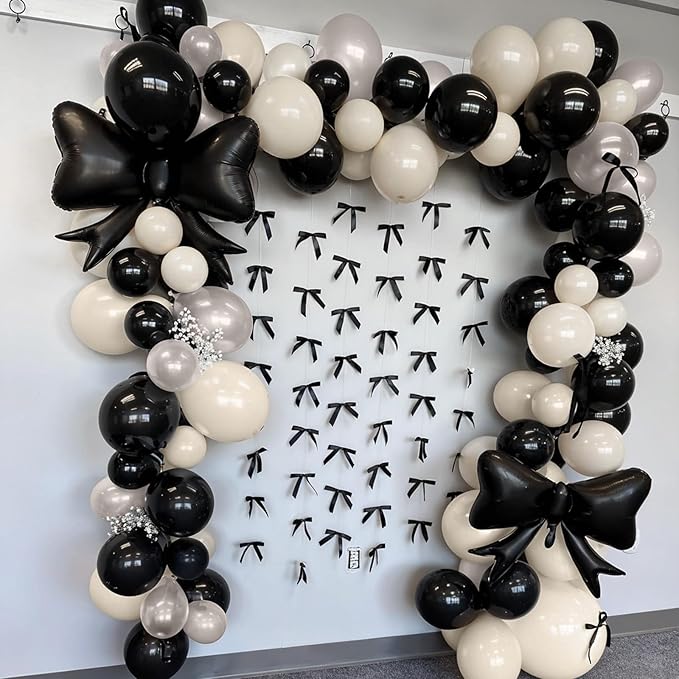 Black Bow Balloon Arch, Black White Coquette Birthday Decorations, Double Stuffed Pearl Sand White Ivory Black Balloon Garland with Foil Bow Balloons for Engagement Wedding Bridal Shower Bachelorette