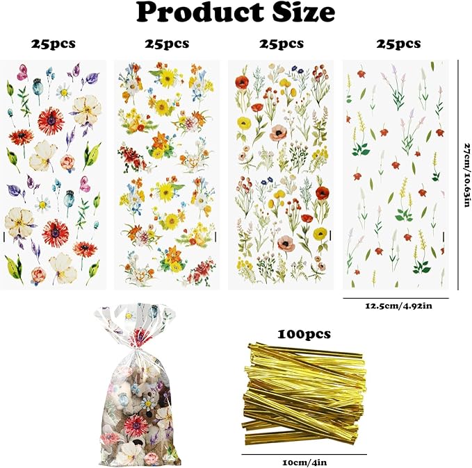 CANIPHA 100Pcs Wildflower Party Cellophane Treat Bags Plastic Floral Candy Cookie Packing Clear Goody Gift Bags Favor Decorations 4 Design with 100 Ties for Birthday Baby Shower Tea Party Supplies