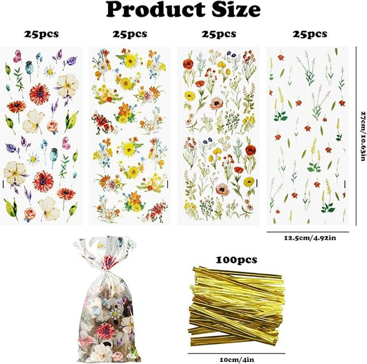 CANIPHA 100Pcs Wildflower Party Cellophane Treat Bags Plastic Floral Candy Cookie Packing Clear Goody Gift Bags Favor Decorations 4 Design with 100 Ties for Birthday Baby Shower Tea Party Supplies