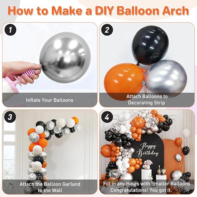 Orange Black White Silver Balloon Garland Arch Kit, 167Pcs Latex Balloons Different Sizes 18 12 10 5 inch for Birthday Graduation Halloween Basketball Theme Party Decoration