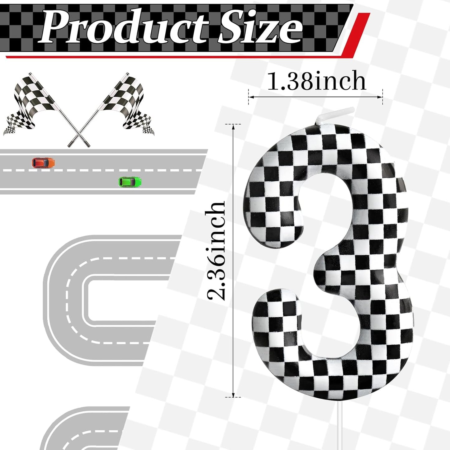 Racing Cars Themed Birthday Candle Number 3 Checkered Candle Birthday Party Decoration Cake Topper for Racing Car Party Decoration Theme Party Supplies (Number 3)