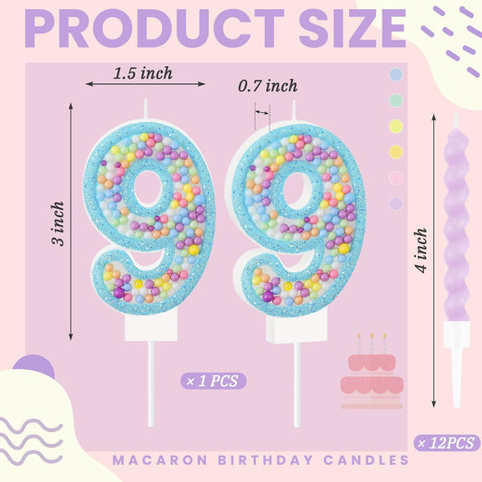 MTLEE Number 9 Birthday Candle Macaron Glitter 3D Number Candle with 12 Pcs Rainbow Spiral Candles in Holders for Girl Boy Cake Topper Wedding Anniversary Pastel Sweet Theme Party Decoration