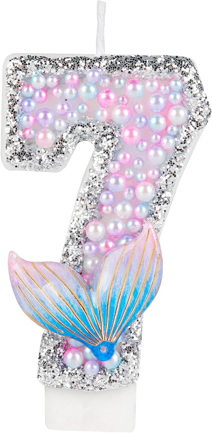 Girls Glitter Tail Birthday Candles, Happy 7th Birthday Cake Topper, Pearls Mermaid Theme Party Decor