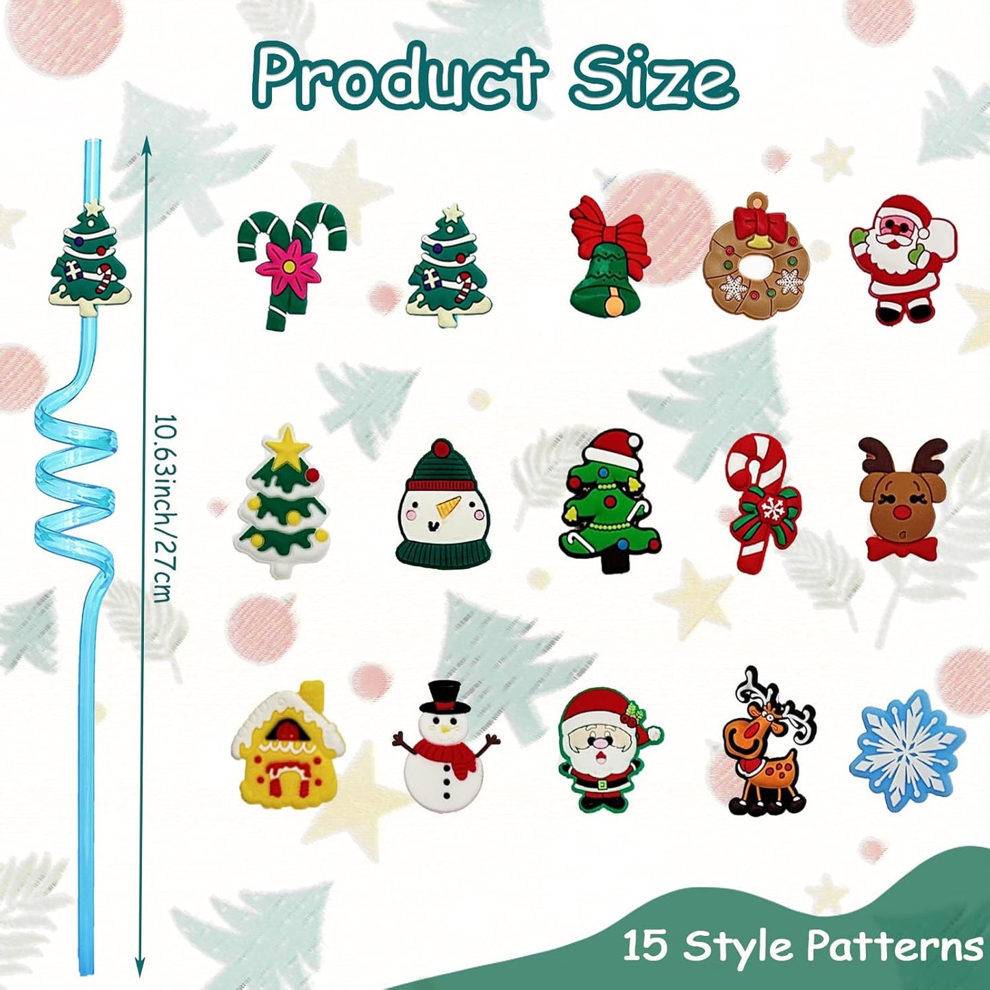 30 Pcs Christmas Drinking Straws Reusable with Cartoon Decorations, Xmas Theme Party Plastic Straw, Santa Claus Snowman Christmas Tree Straws for Kids Adults Christmas Party Supplies, 15 Styles