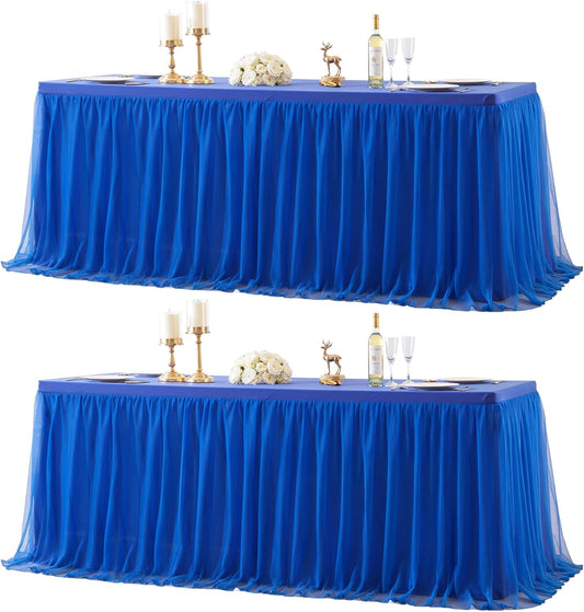 2 Pack 6ft Royal Blue Tulle Tablecloths for Rectangle Tables 6 Foot Rectangular Table Cloth Wrinkle Free Table Cover with Tutu Skirt for Baby Shower Wedding Birthday Party Banquet Buffet Cake