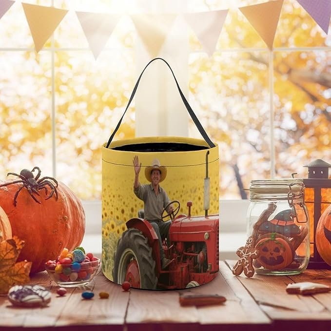 Halloween Candy Bucket - Sunflower Tractor Farm Trick Or Treat Candy Bag, Gift Bag for Party Favor Supplies