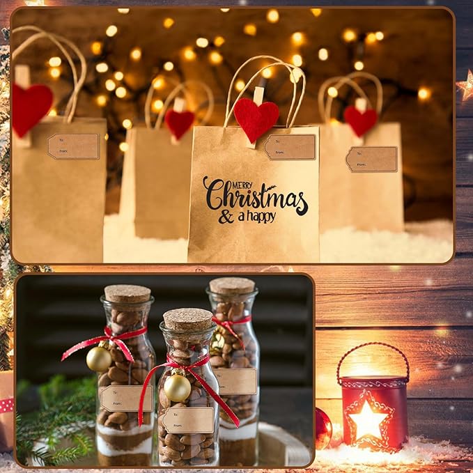 auroray 600 Pcs Natural Brown Kraft to and from Gift Tag Stickers 1.18"X2.36", Kraft to from Adhesive Gift Labels Sticker Christmas Holiday Present Labels, 300 Pcs/Roll