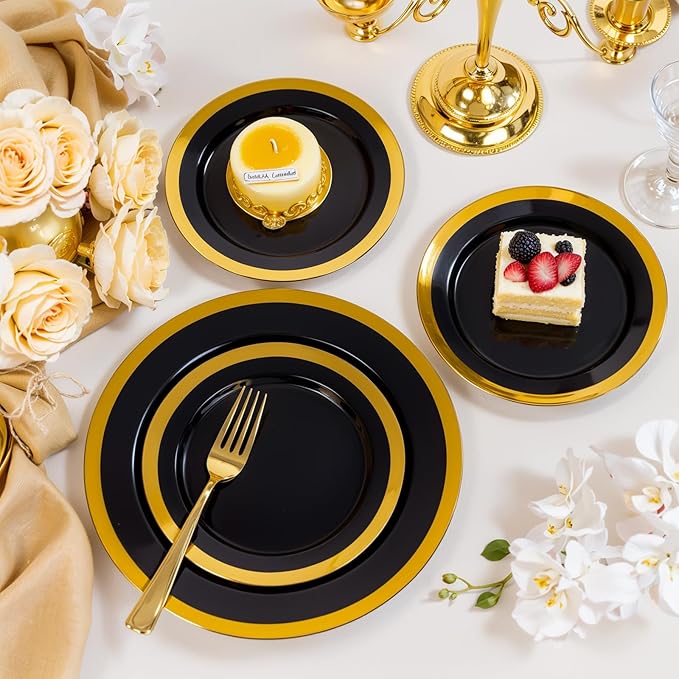 supernal 120pcs Black and Gold Plastic Plates Disposable Fancy Elegant Party Plates Heavy Duty Gold Plastic Dinnerware with Dinner and Dessert Size for Party, Valentine's Day Party and Wedding